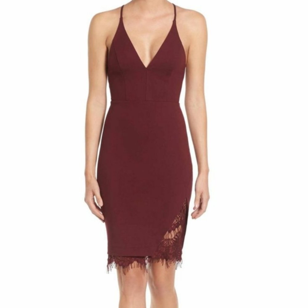 Astr Burgundy Lace-Trim Midi Dress